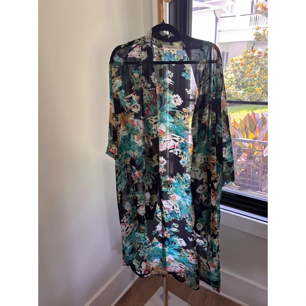 Cameo & Myth Women Black Floral Chiffon Kimono Open Front Duster Cardigan Medium